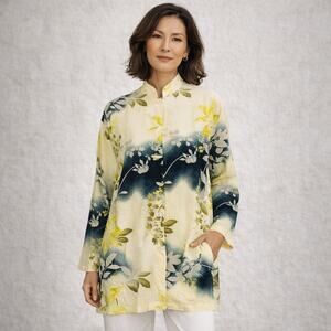 HARARI Button up Tunic Blouse Yellow floral silk Women's Size 3